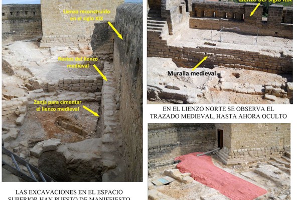 Serie de imágenes que muestran las actuaciones en el espacio superior y tramo norte de la muralla, indicando las zonas que han quedado al descubierto tras las excavaciones
