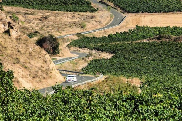Coche de rally en carretera sinuosa entre viñedos