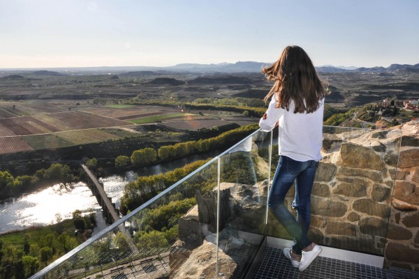 Una joven mira el puente sobre el río Ebro desde el Mirador de la Torre